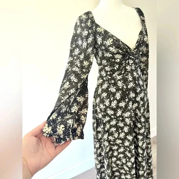 Lulu's Found Your Bliss Black Print Long Sleeve Lace-Up Midi Dress Size Small - Picture 4 of 15